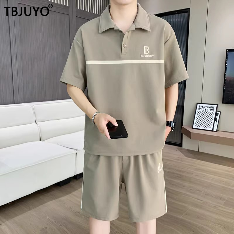冰丝短袖短裤套装男士2025夏季新款高端正品潮牌翻领休闲运动套装