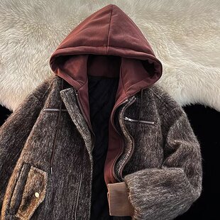 重磅假两件毛呢连帽棉衣外套男款冬季宽松休闲百搭保暖夹克棉袄潮