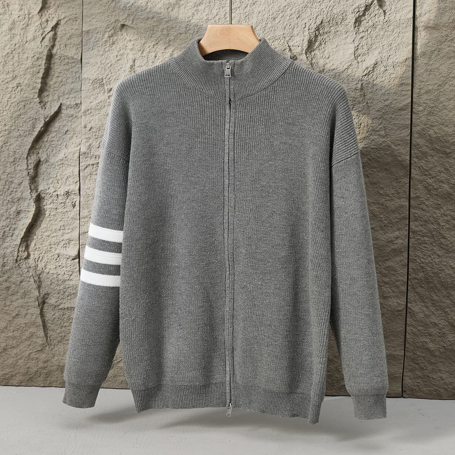 高端加厚针织开衫外套男春秋冬季2025新款毛衣夹克拼色高级感线衣