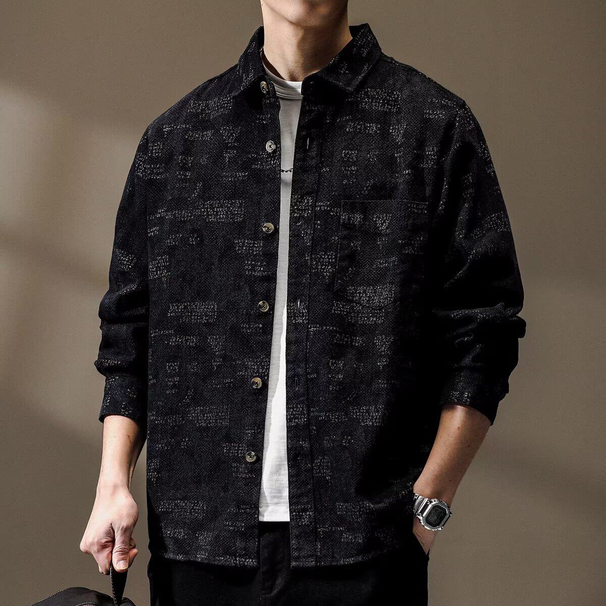2025新款秋季高级黑色长袖男士衬衫美式春秋潮牌男款休闲衬衣外套