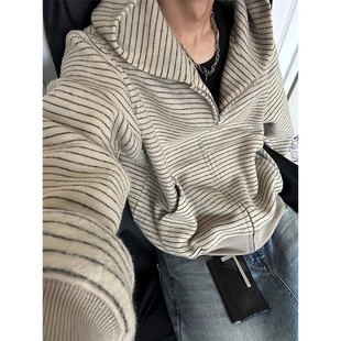 美式复古燕麦色条纹开衫卫衣男女秋季慵懒松弛感宽松休闲连帽外套