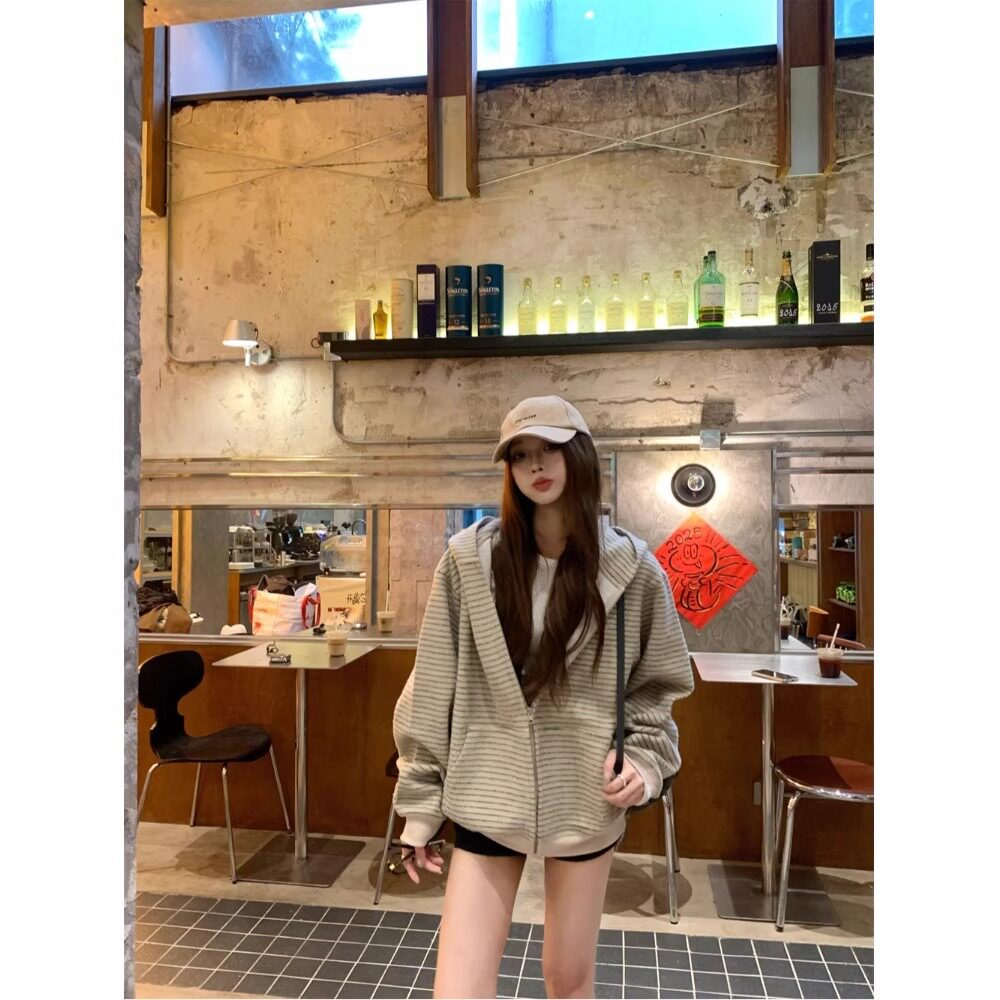 美式复古韩系连帽卫衣外套女秋季慵懒风宽松条纹撞色开衫百搭上衣