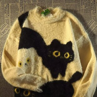 日系复古针织软糯猫咪毛衣男秋冬2024新款韩版宽松慵懒风情侣外套