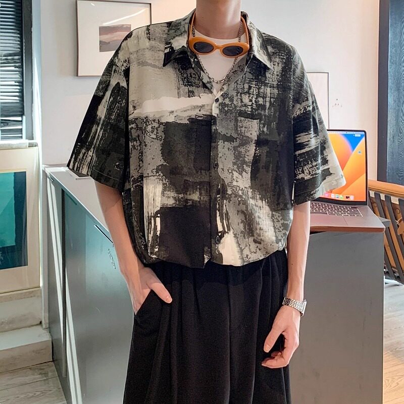 水墨画短袖衬衫男夏季冰丝垂感高级感薄款休闲宽松痞帅沙滩花衬衣