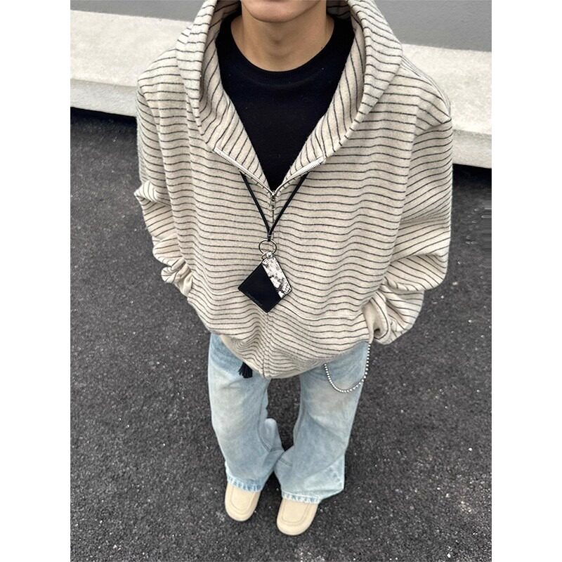 美式复古条纹连帽卫衣男款秋季高级感慵懒风开衫cleanfit情侣外套