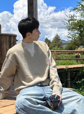 ROOR 美式cleanfit假两件V领破洞毛衣宽松休闲针织衫上衣