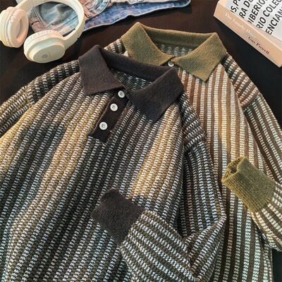 Hold Colour美式潮牌撞竖细条纹polo领针织衫男女ins潮流毛衣外套