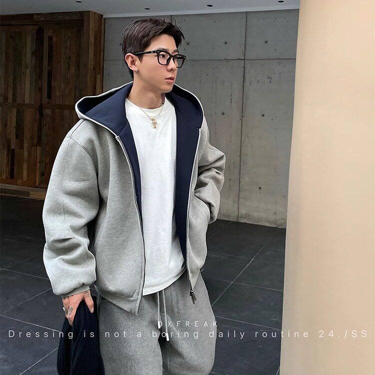 网图W105高质量双拉链华棉卫衣370克黑灰M~3XL