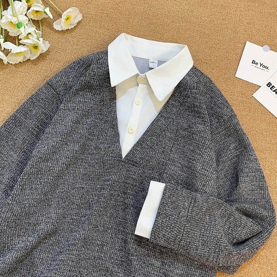 undercover假两件长袖T恤新款经典男V领休闲百搭汗衫潮流拼接上衣