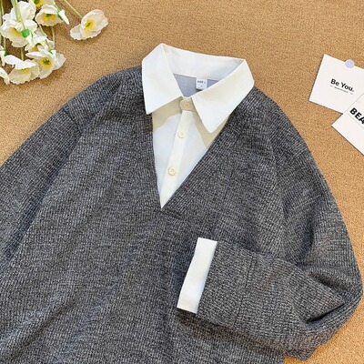 undercover假两件长袖T恤新款经典男V领休闲百搭汗衫潮流拼接上衣