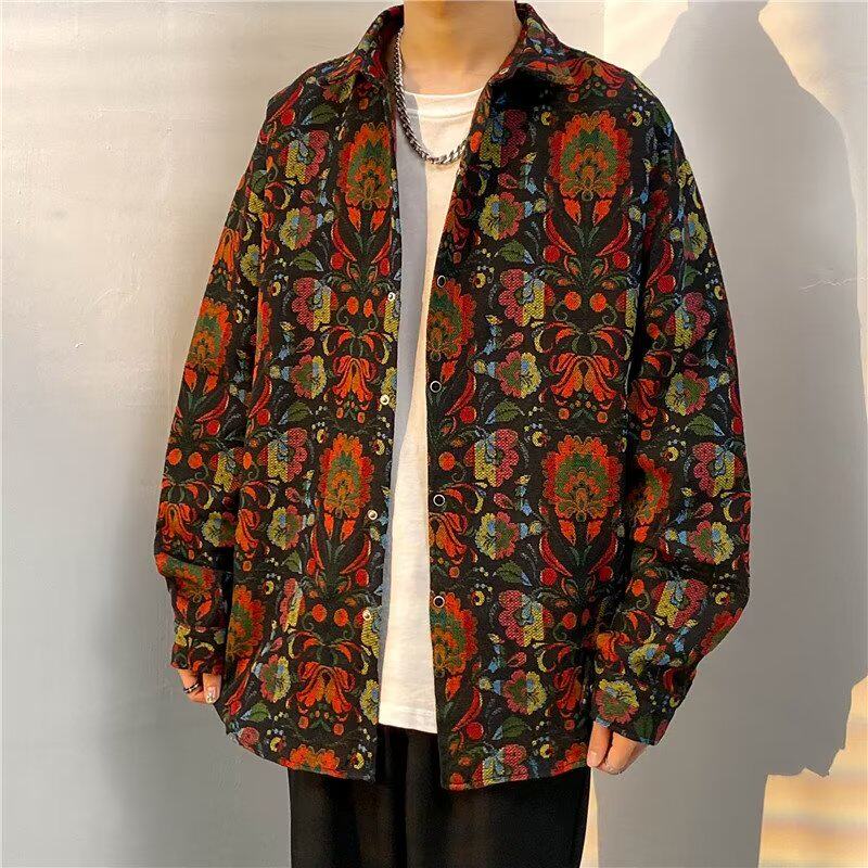秋季新款名族风提花色织外套男翻领衬衫夹棉加厚百搭宽松休闲夹克