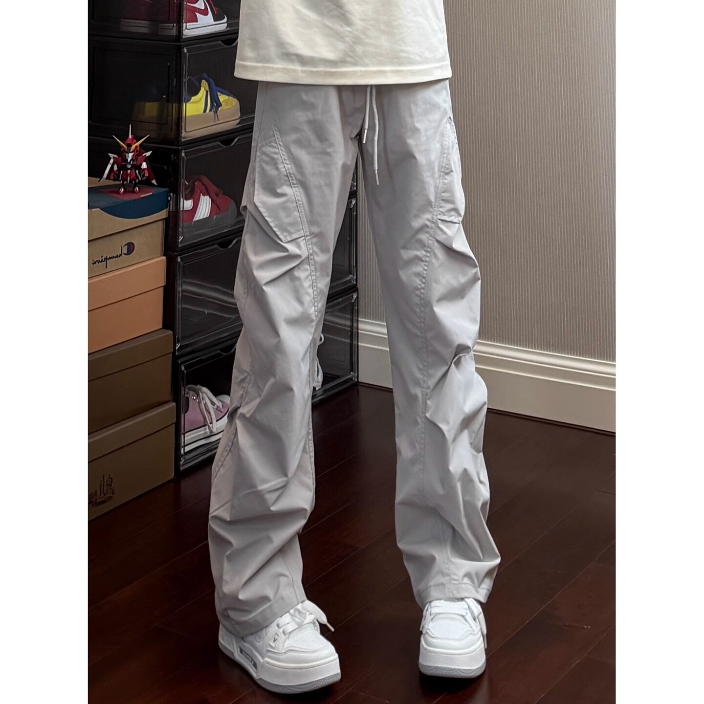 cleanfit褶皱浅灰色薄款裤子男款夏季美式伞兵工装裤直筒冰丝长裤