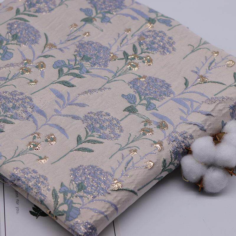 蓝色绣球花郁金香金银丝提花布料服装面料手工DIY衣服礼服包花布