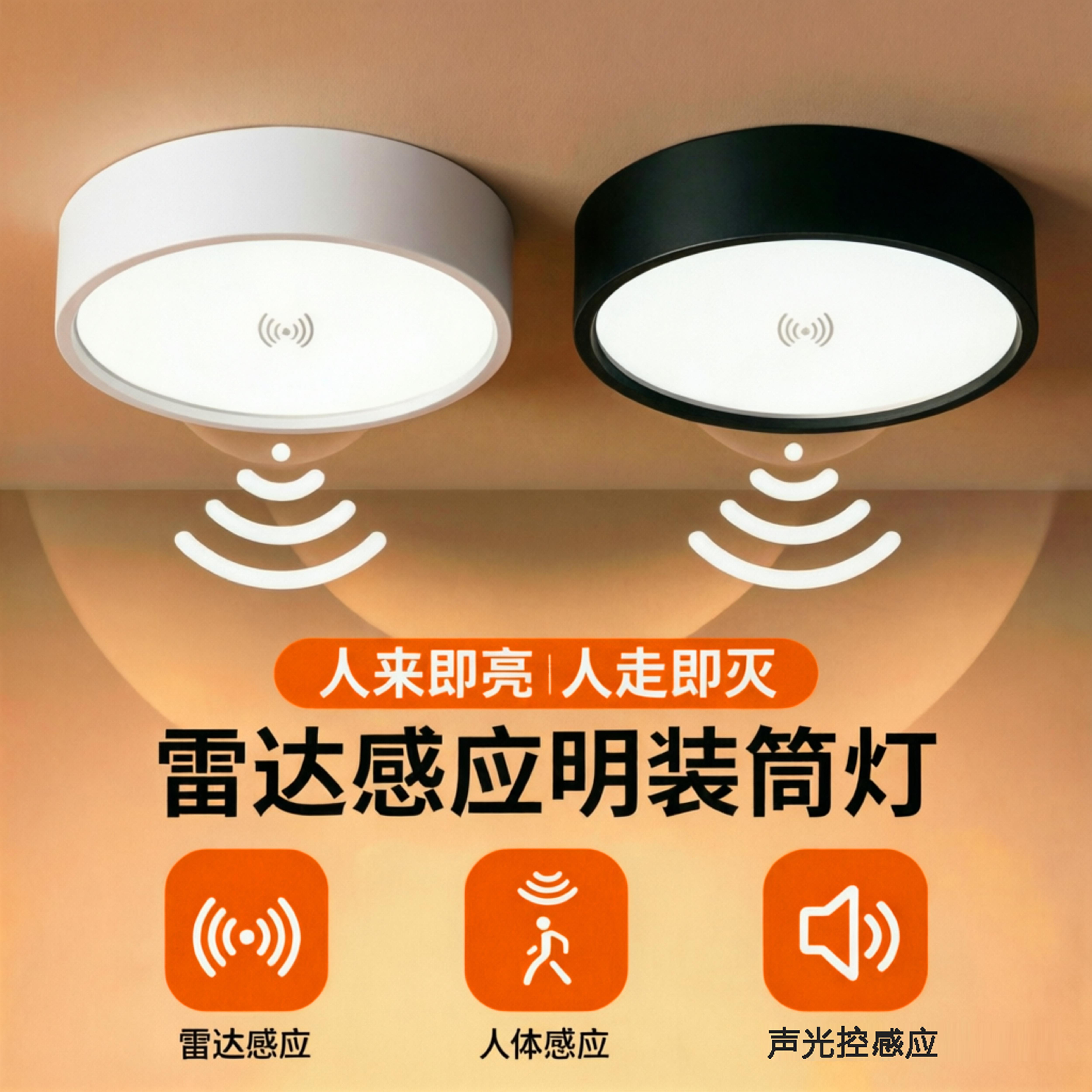 超薄明装人体雷达感应筒灯入户楼梯阳台过道家用免开孔红外吸顶灯