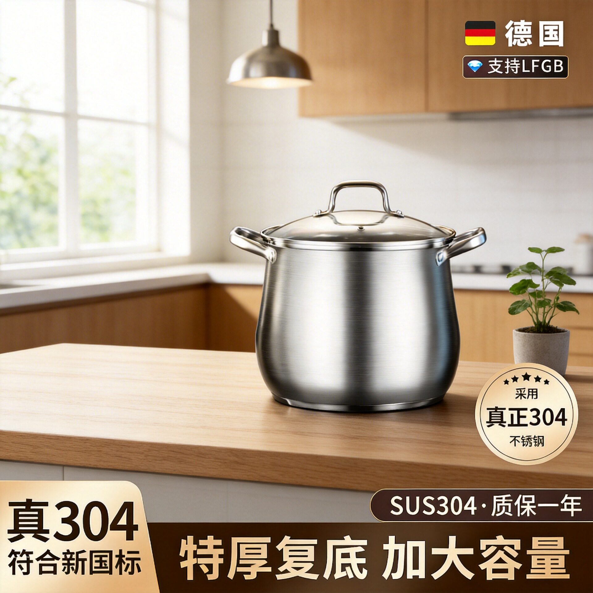 304高汤锅锈钢蒸煮大容量家用煲汤煮粥电磁炉燃气灶炖锅
