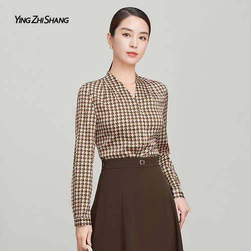 赢智尚格子V领衬衫桑蚕丝上衣女