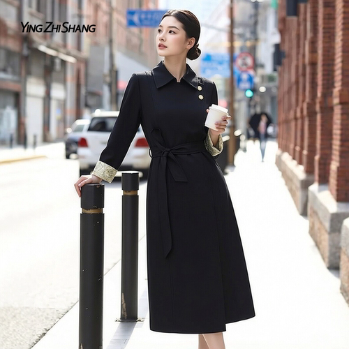 赢智尚黑色中长款风衣高级感女