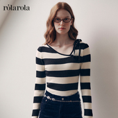 斜领短款 毛衣 ROLAROLA条纹针织衫 绑带蝴蝶结上衣修身 张元 英同款