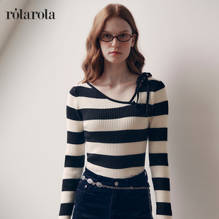 张元 斜领短款 英同款 绑带蝴蝶结上衣修身 毛衣 ROLAROLA条纹针织衫