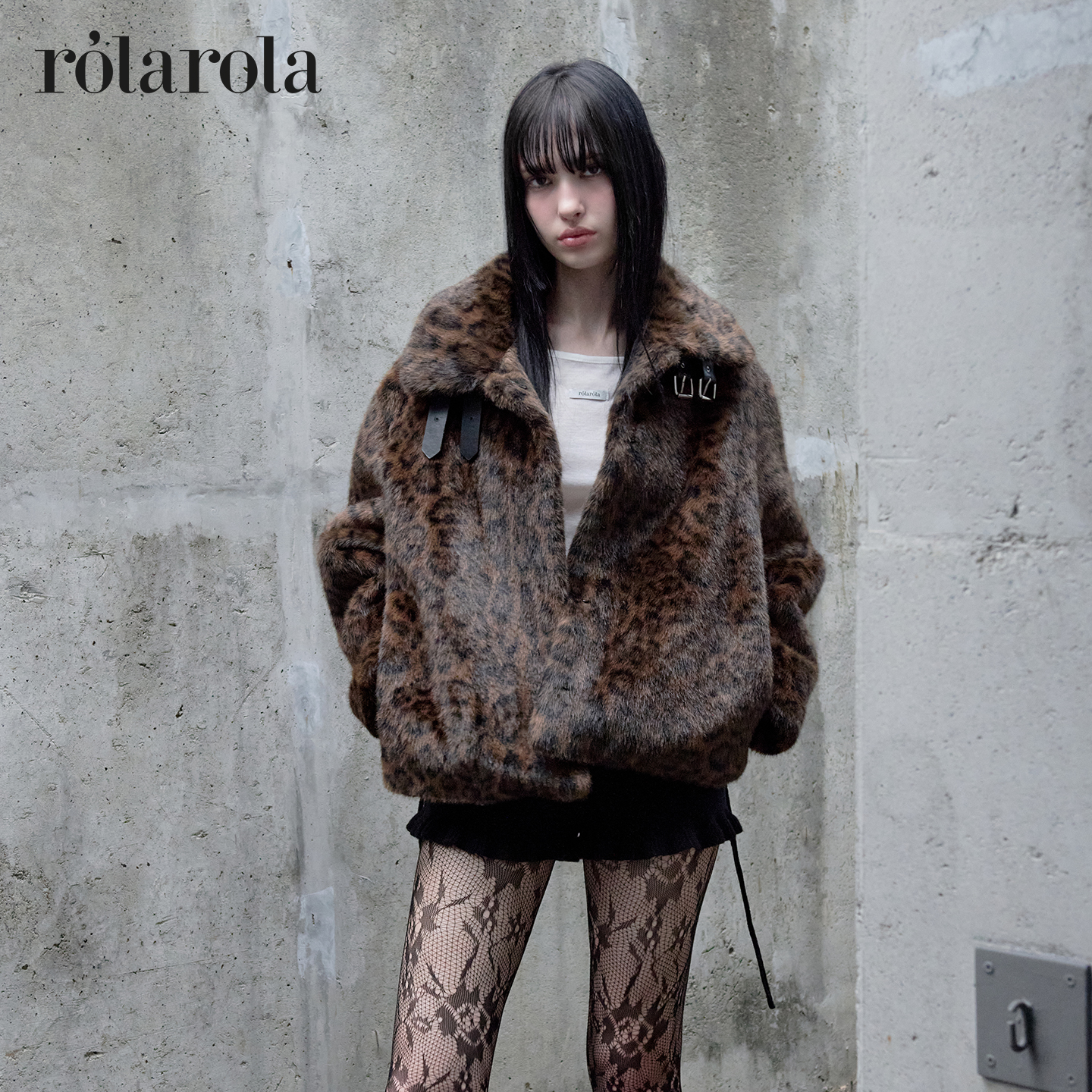 [张元英同款]ROLAROLA毛绒皮草外套女2025新款冬短款机车豹纹大衣