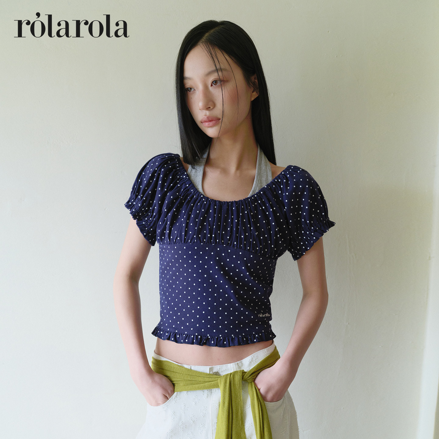 ROLAROLA26年夏季新品甜美少女风波点泡泡袖T恤百搭褶皱短款上衣