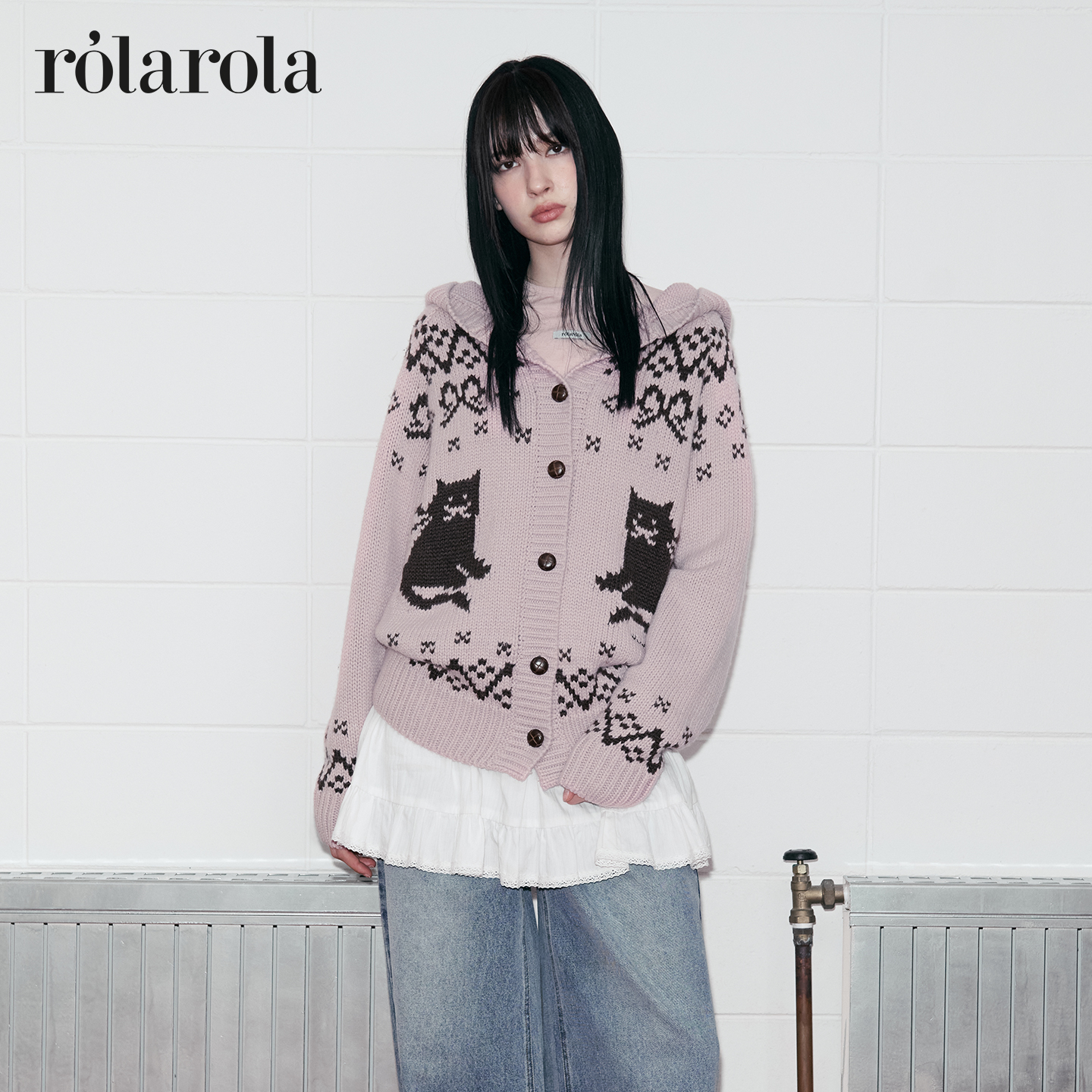 [张元英同款]ROLAROLA25年秋冬费尔岛羊毛针织开衫连帽毛衣外套