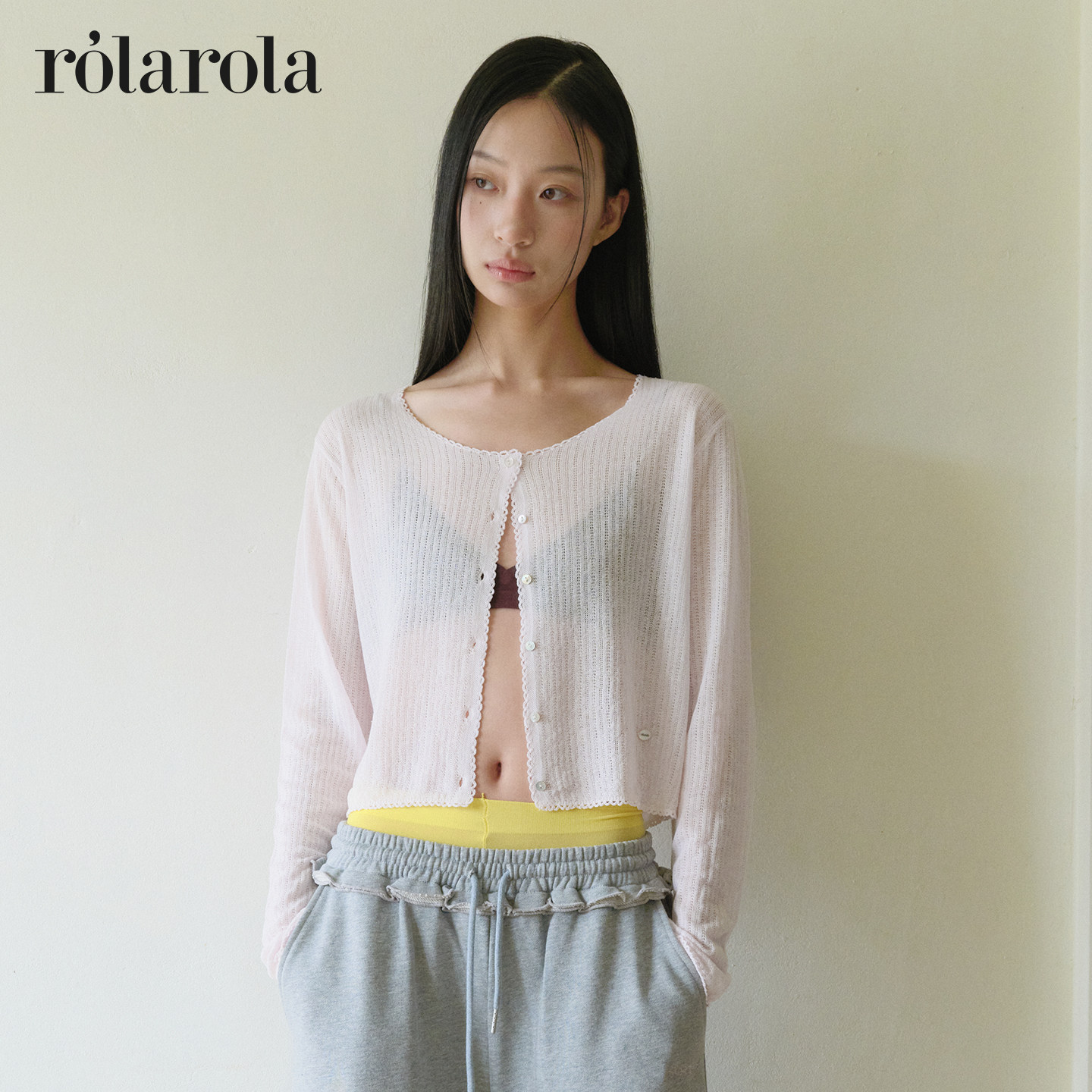 ROLAROLA26年新款慵懒风亚麻短款开衫夏薄款透明蕾丝针织衫防晒衣