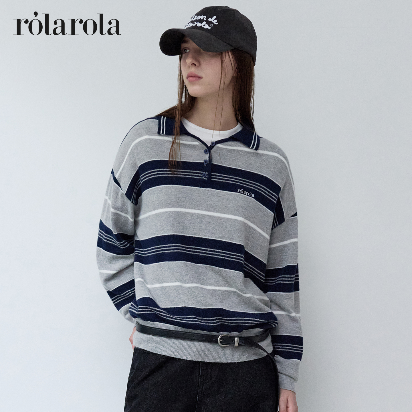 [张元英同款]rolarola25年秋羊毛撞色针织衫拼色条纹慵懒POLO衫