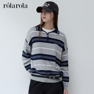 rolarola25年秋羊毛撞色针织衫 英同款 拼色条纹慵懒POLO衫 张元