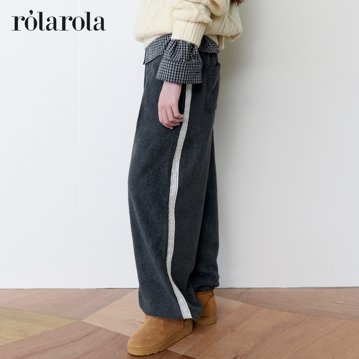 ROLAROLA2025年秋季新法兰绒休闲长裤女宽松蕾丝阔腿裤抽绳两穿