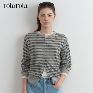 ROLAROLA2026年新品韩系女羊毛条纹针织开衫春圆领长袖修身上衣