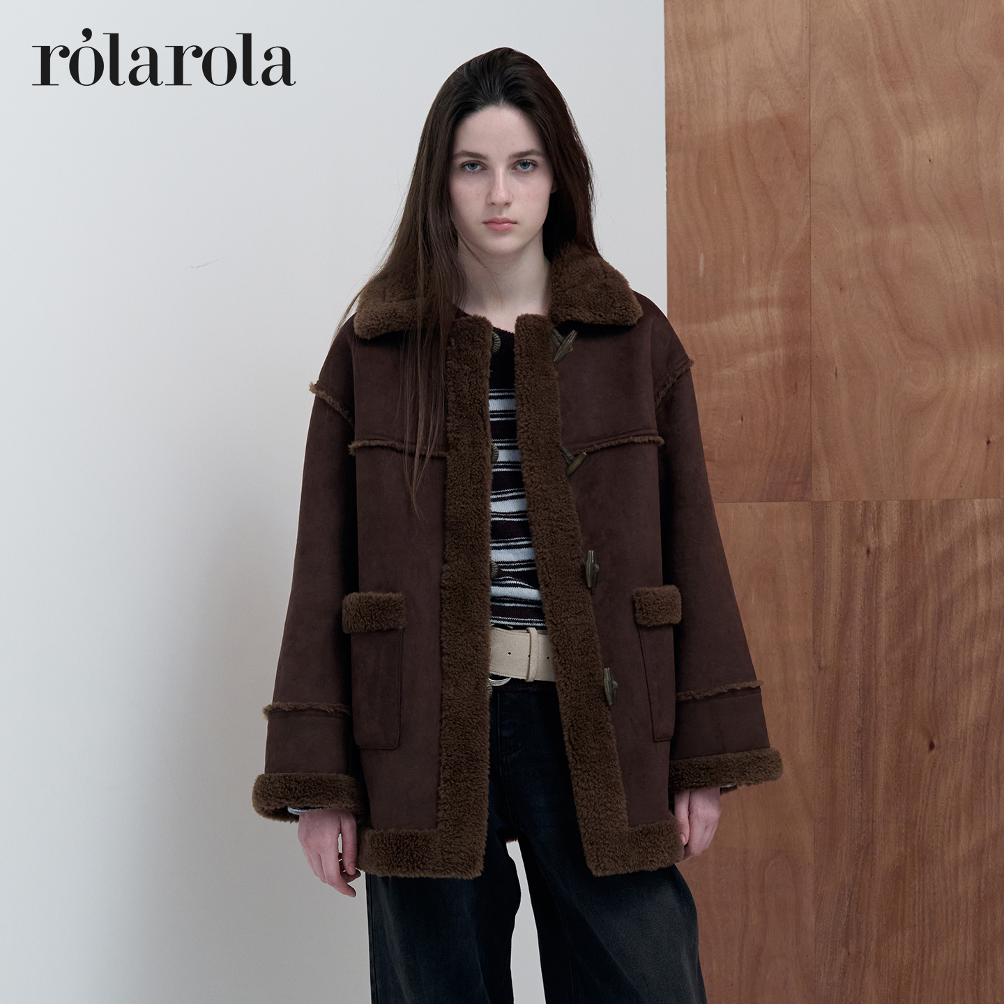 ROLAROLA麂皮绒羊羔毛外套25年冬季新款女中长款仿皮草加厚大衣