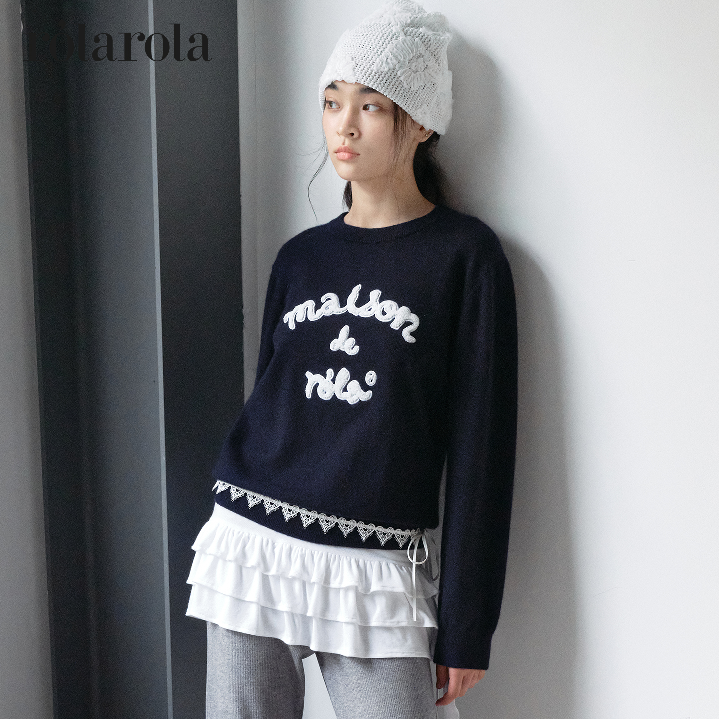 [张元英同款]ROLAROLA2025年经典字母针织衫复古圆领宽松百搭毛衣