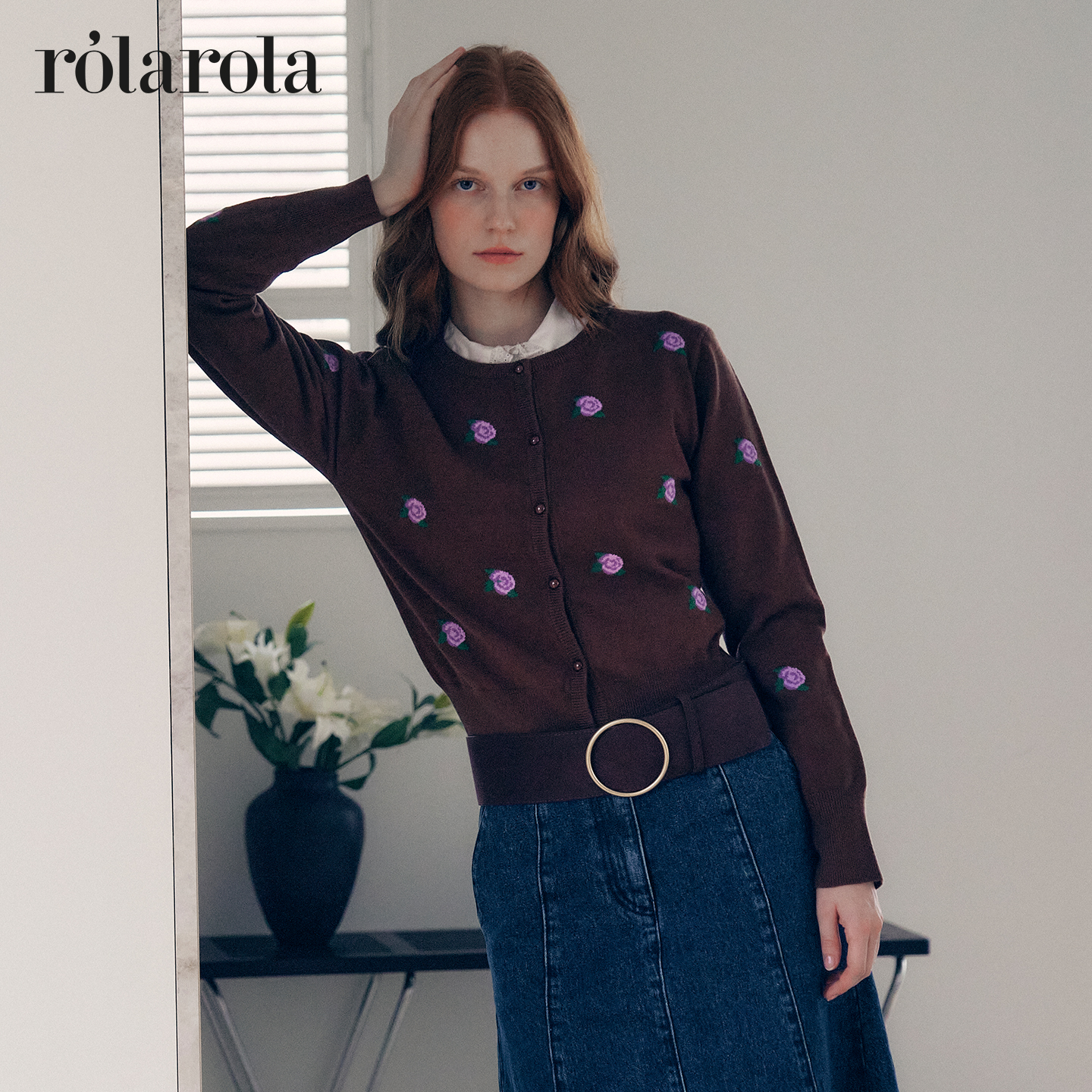 ROLAROLA25年秋季复古玫瑰刺绣开衫女外搭圆领长袖针织外套