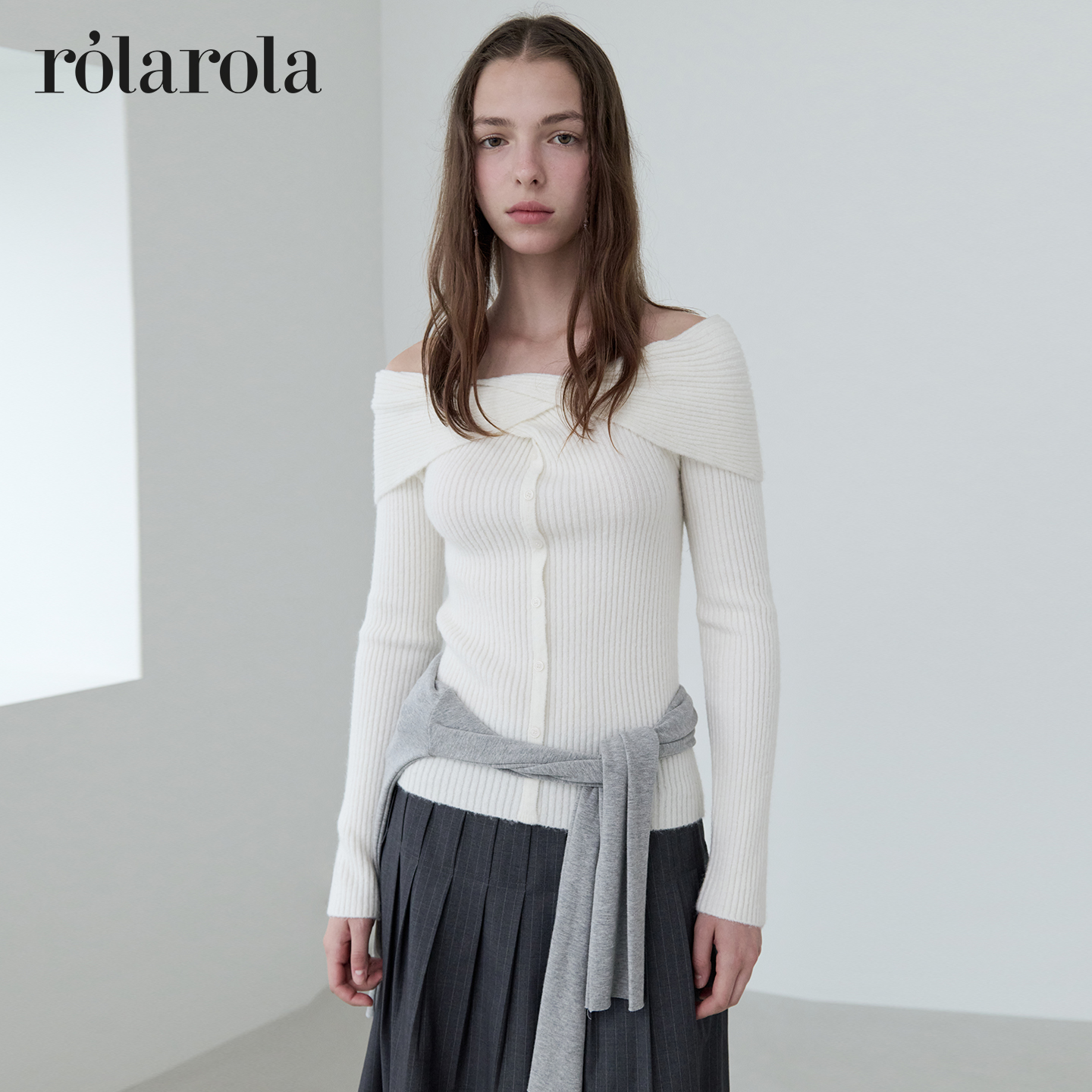 [张元英同款]ROLAROLA25年秋季新款一字肩针织衫女露肩毛衣上衣