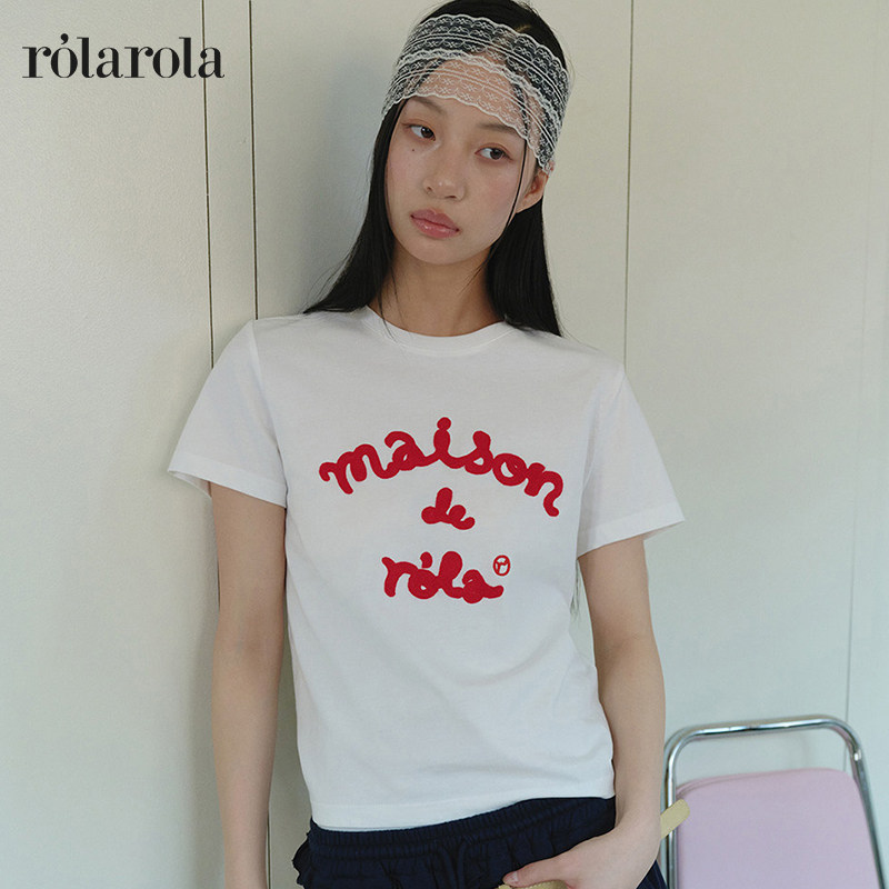 [张元英同款]ROLAROLA新款经典字母刺绣短袖圆领t恤