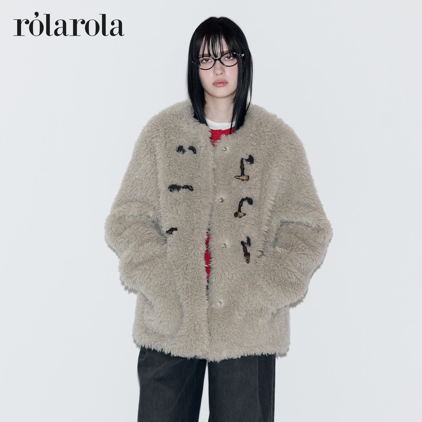 ROLAROLA25年冬季新中长款外套女羊羔毛仿皮草牛角扣老钱风大衣