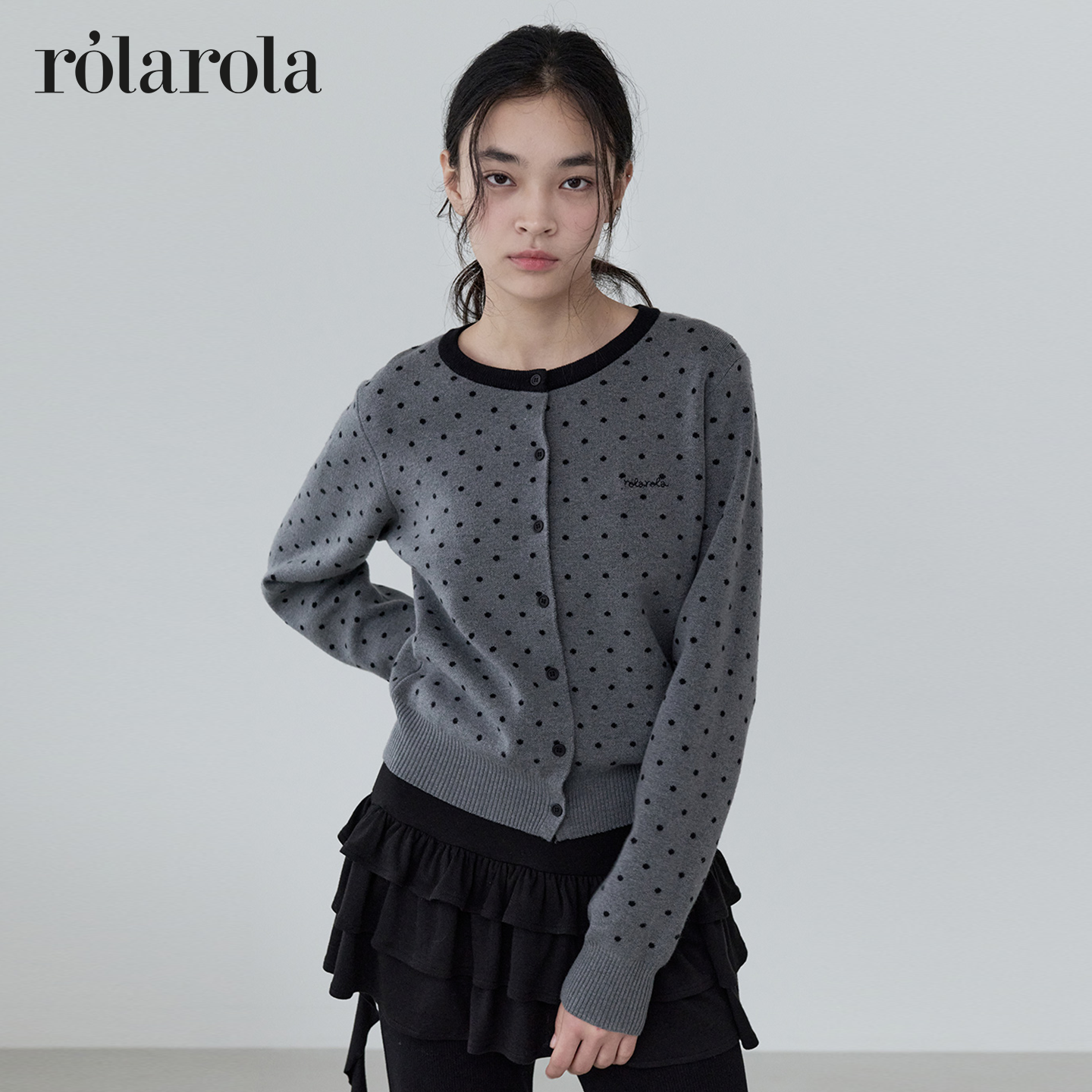 ROLAROLA25年早秋新款简约波点针织开衫女圆领长袖毛衣外套上衣