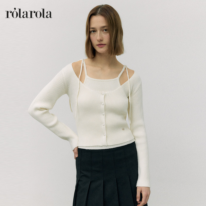 ROLAROLA春款蝴蝶结肩带罗纹假两件针织衫绑带百搭上衣女