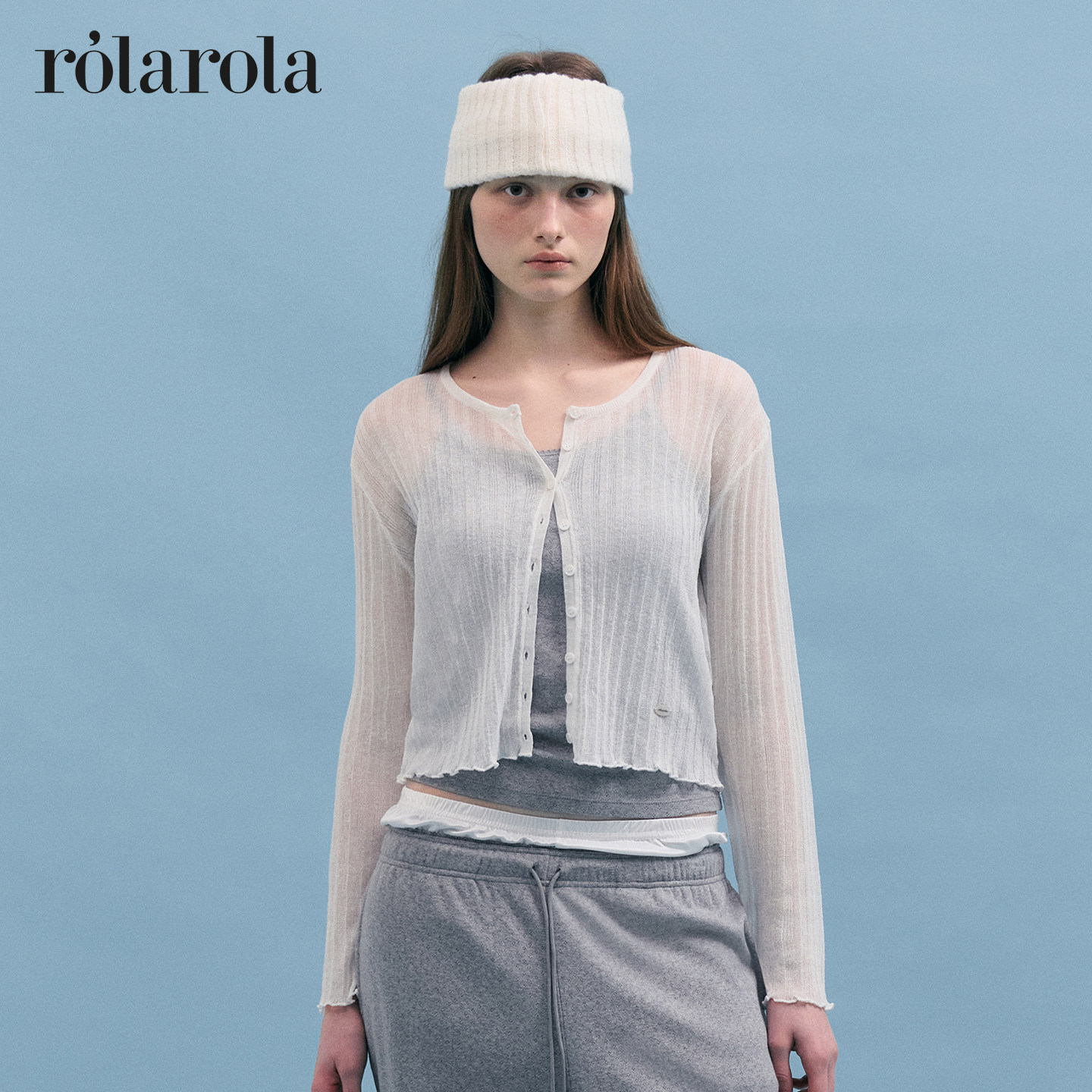 ROLAROLA26年春夏轻薄透视纽扣针织开衫女短款亚麻罗纹防晒外搭
