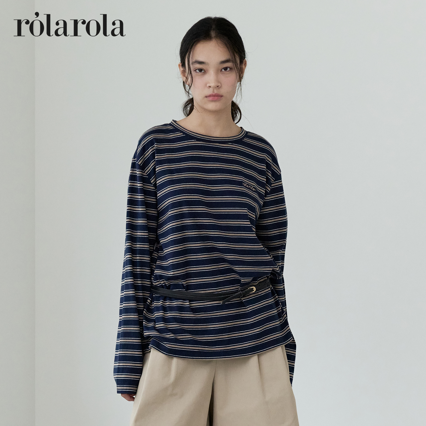 ROLAROLA25年秋季新款多彩条纹长袖T恤女宽松柔软舒适上衣垂坠感