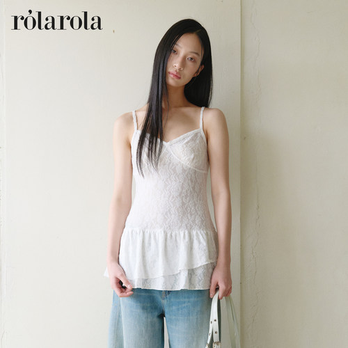 ROLAROLA26年夏季新蕾丝细肩带吊带背心不对称荷叶边下摆叠穿上衣