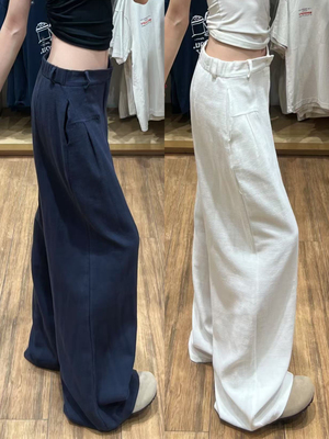 藏青色棉麻阔腿裤女夏季薄2025新款老钱风小个子西装休闲裤子女秋