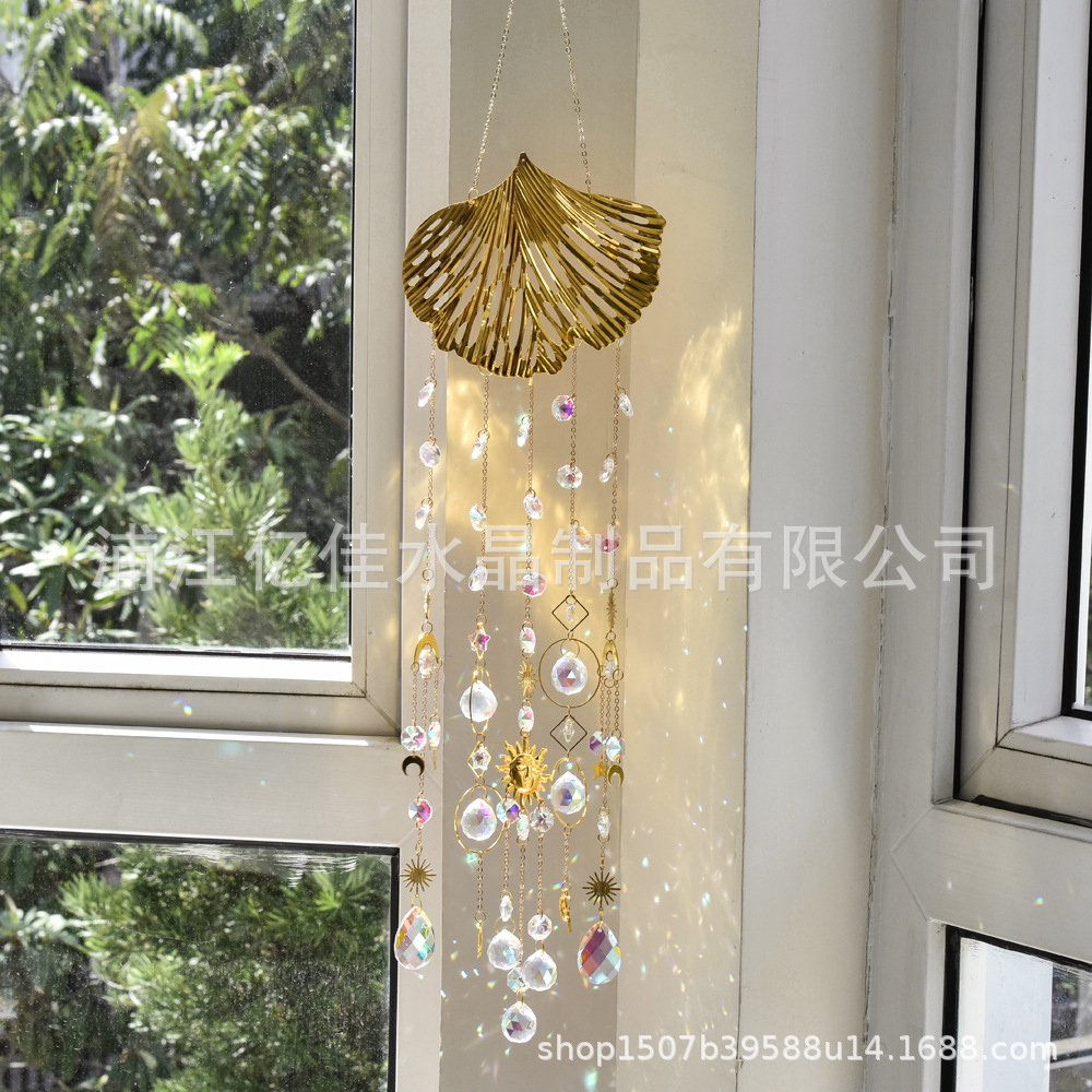 PDD源头新品水晶挂件小银杏叶AB彩水晶太阳捕手光影风铃