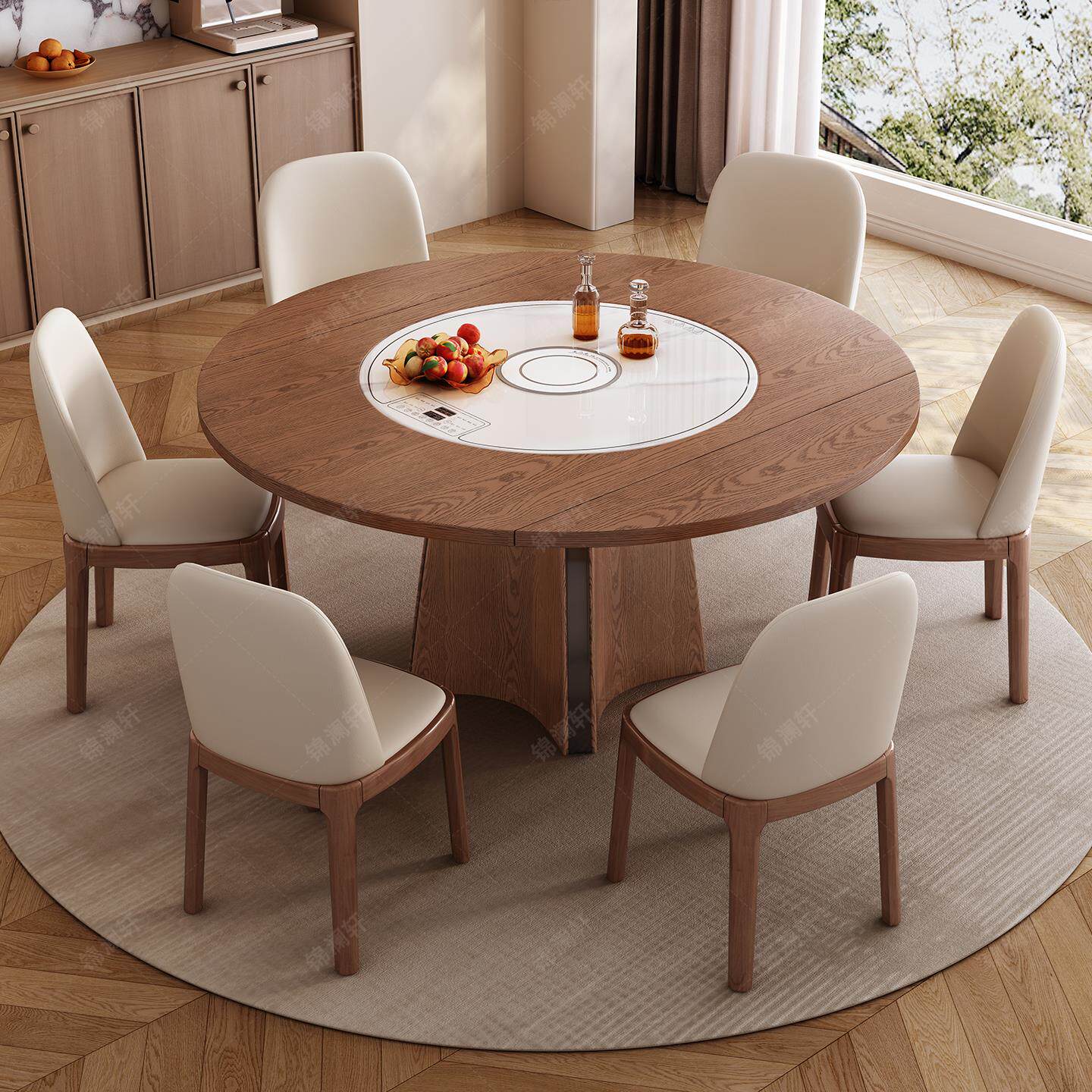 中古风实木餐桌带电动转盘家用伸缩可折叠方圆两用暖菜火锅桌一体