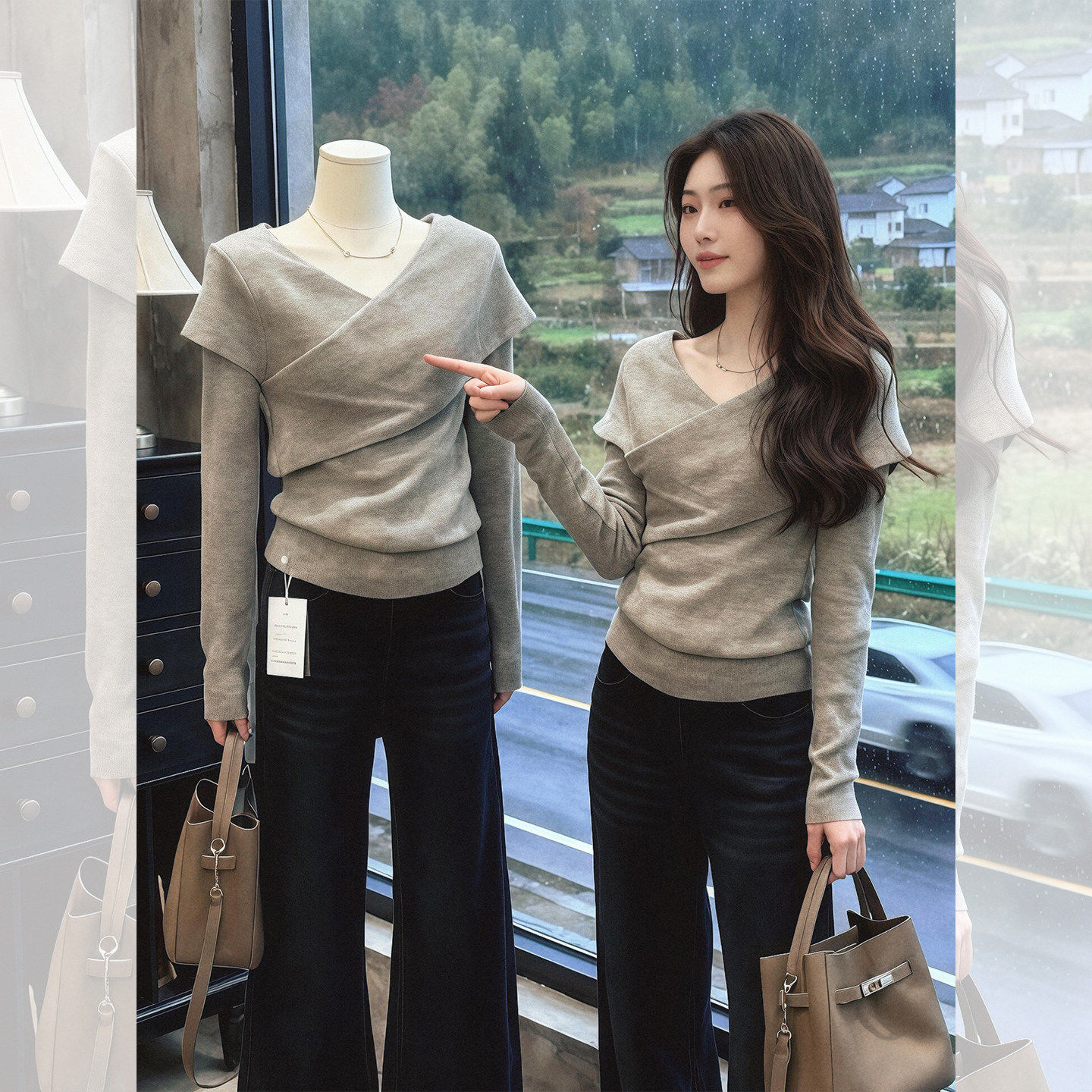 不规则灰色交叉V领针织打底衫女秋冬设计感小众内搭修身短款上衣,个性定制/设计服务/DIY,棉服工装,淘宝优惠券,粉丝福利购,淘宝优惠卷