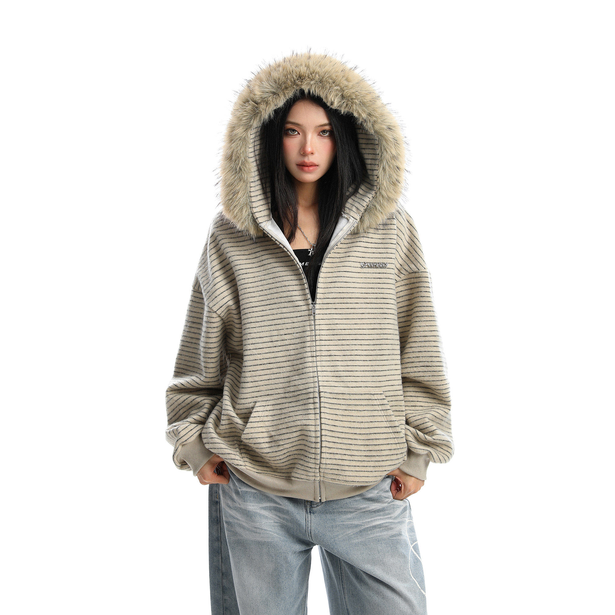 75折NEW美式条纹可拆卸大毛领连帽卫衣女情侣秋季慵懒风潮牌外套