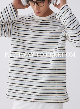 PTOFF条纹长袖春秋重磅内搭T恤撞色宽松基础圆领廓形百搭休闲上衣