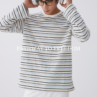 PTOFF条纹长袖春季重磅内搭T恤撞色宽松基础圆领廓形百搭休闲上衣