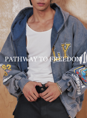 PTOFF 复古美式春季徽章重磅水洗做旧字母宽松拉链连帽开衫外套夏